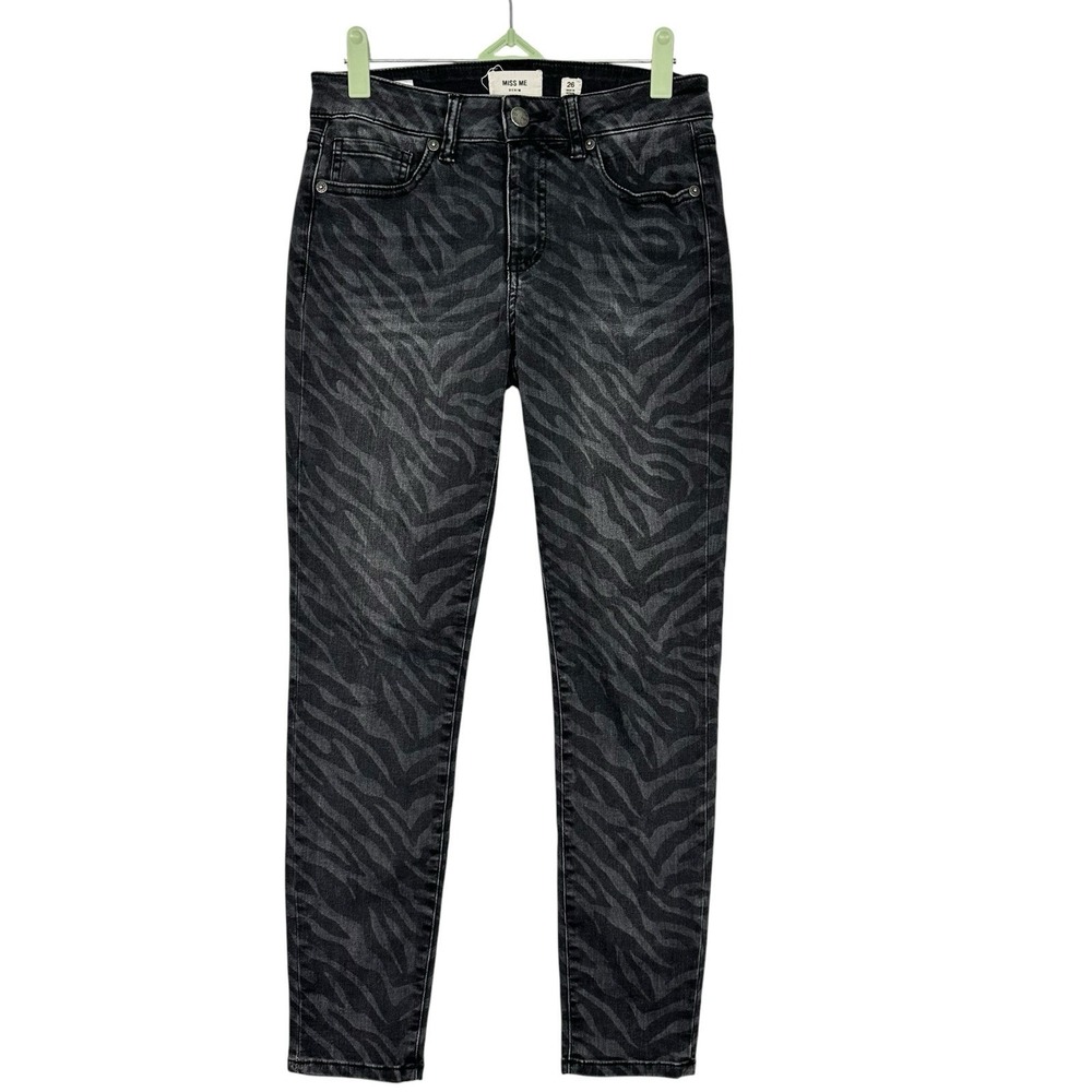 Miss Me Mid Rise Ankle Skinny Zebra Print Jeans Women 26 Black Stretch Denim